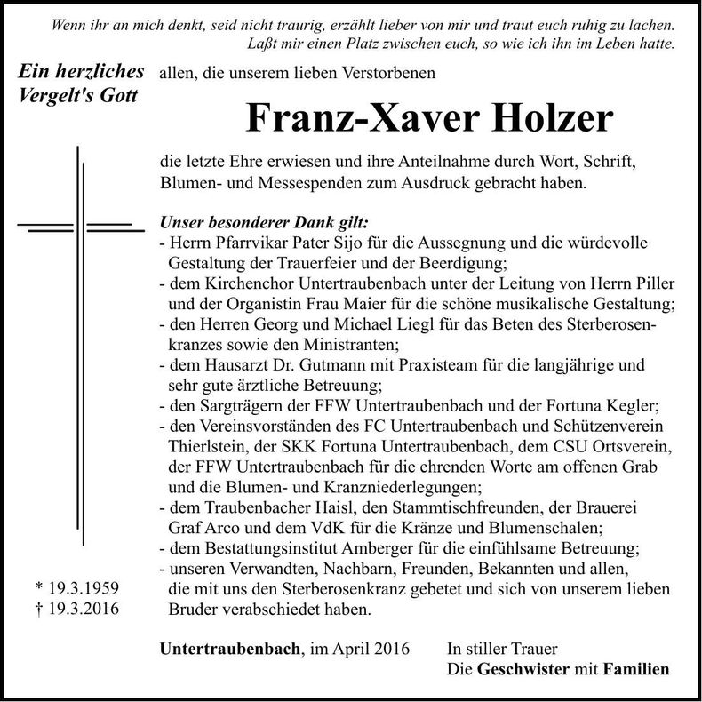 Traueranzeige Franz-Xaver Holzer