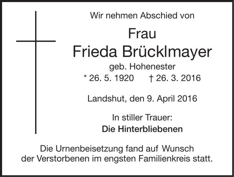 Traueranzeige Frieda Brücklmayer