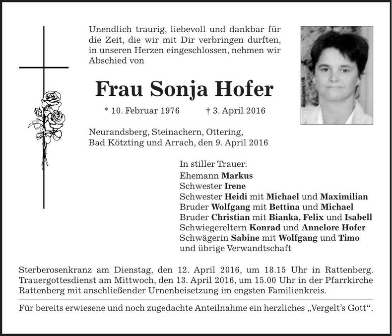 Traueranzeige Sonja Hofer