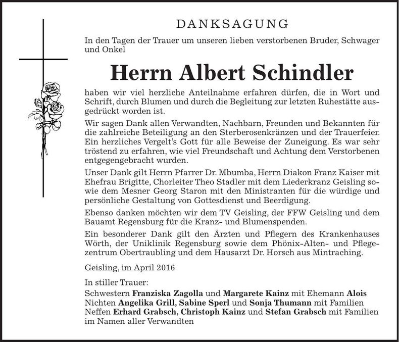 Traueranzeige Albert Schindler