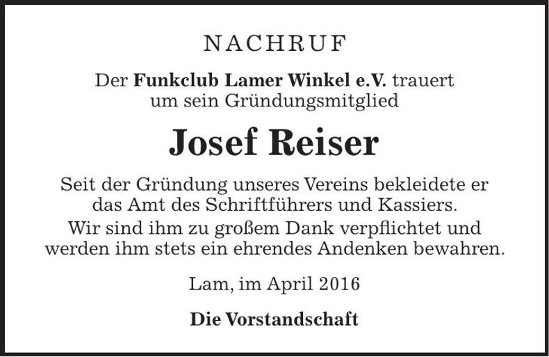 Traueranzeige Jose Reiser