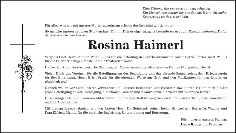 Traueranzeige Rosina Haimerl