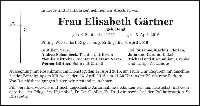 Traueranzeige Elisabeth Gärtner