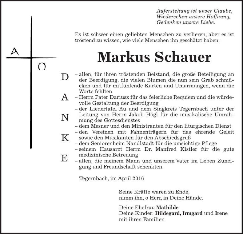 Traueranzeige Markus Schauer