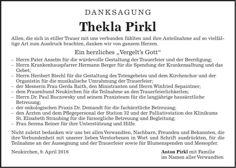 Traueranzeige Thekla Pirkl