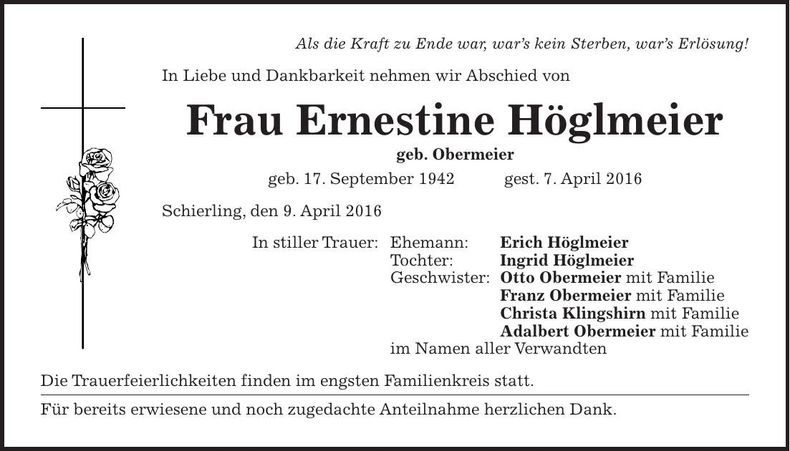 Traueranzeige Ernestine Höglmeier