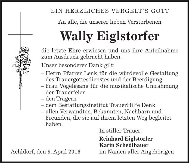 Traueranzeige Wally Eiglstorfer