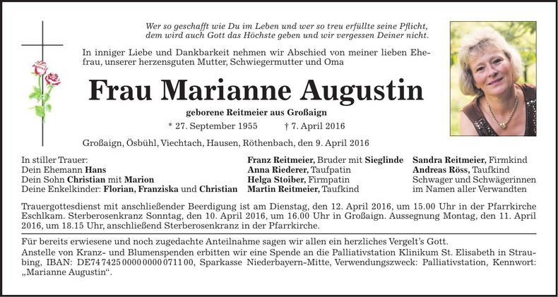 Traueranzeige Marianne Augustin