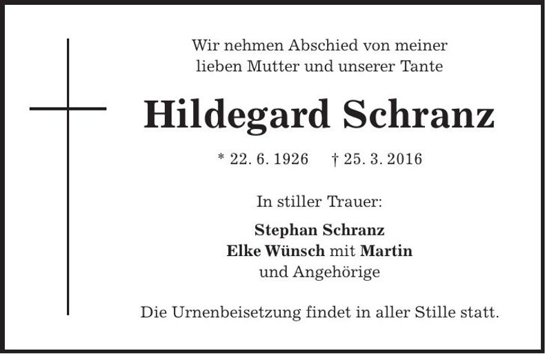 Traueranzeige Hildegard Schranz
