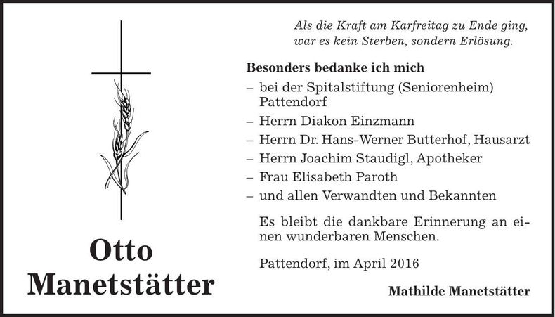 Traueranzeige Otto Manetstätter