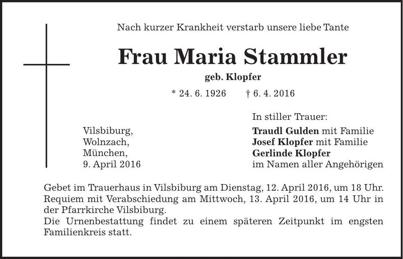 Traueranzeige Maria Stammler