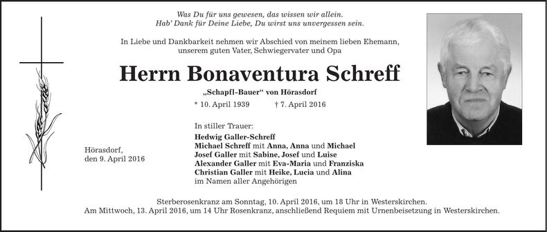 Traueranzeige Bonaventura Schreff