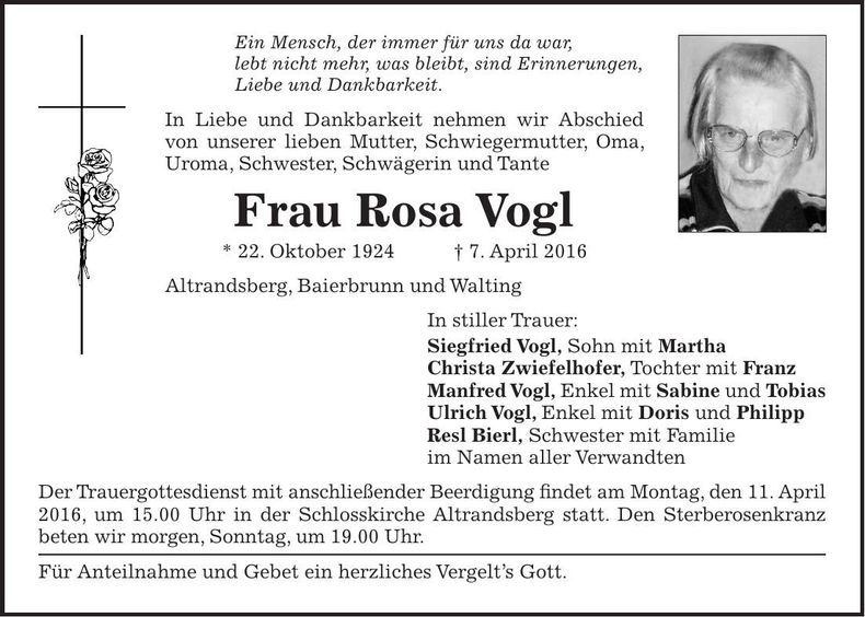 Traueranzeige Vogl Rosa