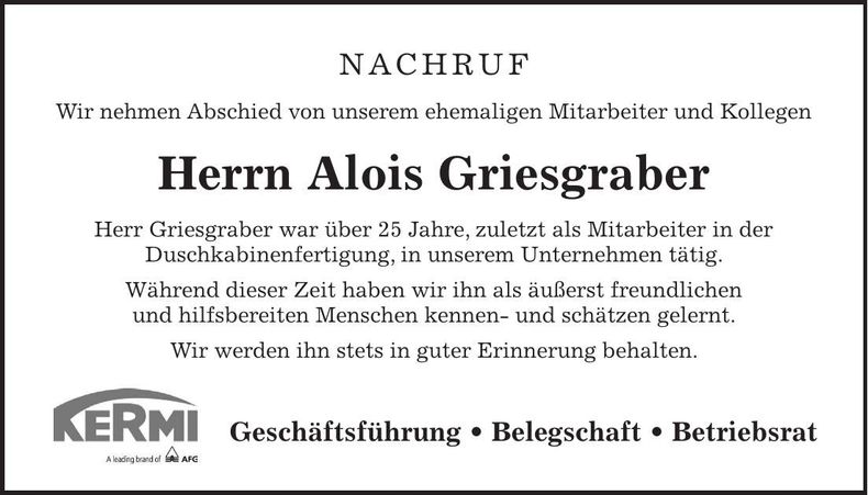 Traueranzeige Griesgraber Alois