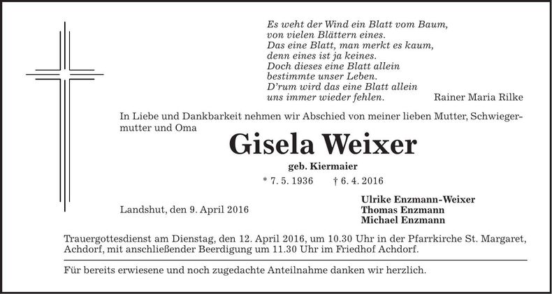 Traueranzeige Gisela Weixer