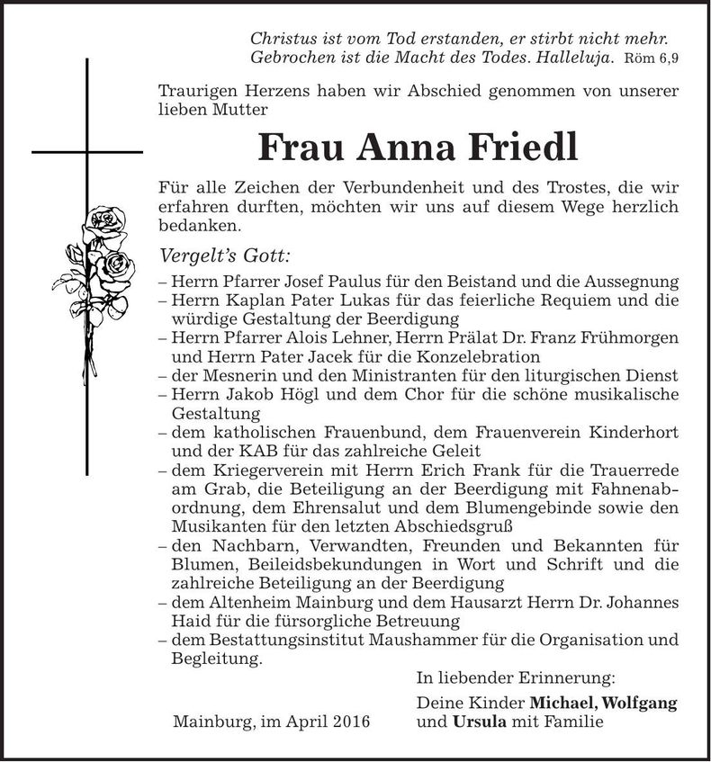Traueranzeige Anna Friedl