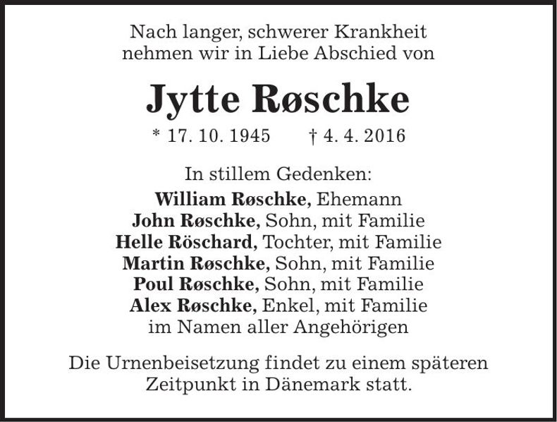 Traueranzeige Jytte Roschke