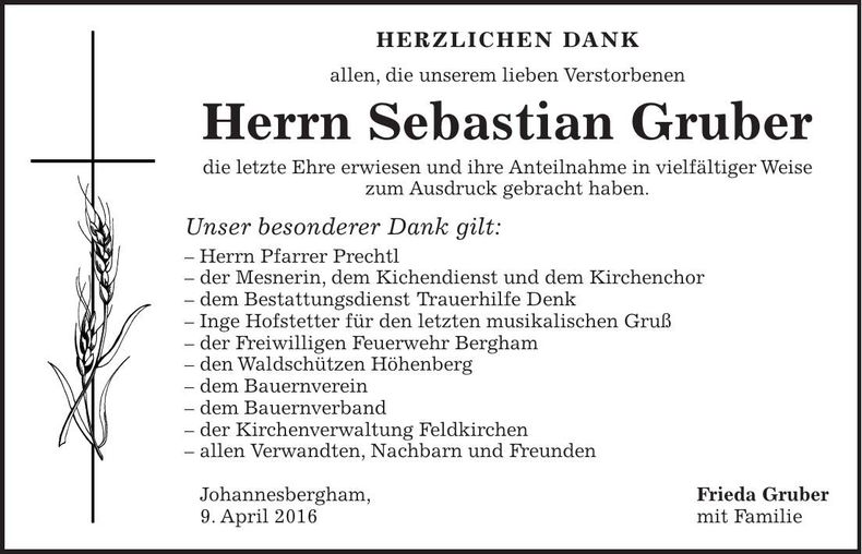 Traueranzeige Sebastian Gruber