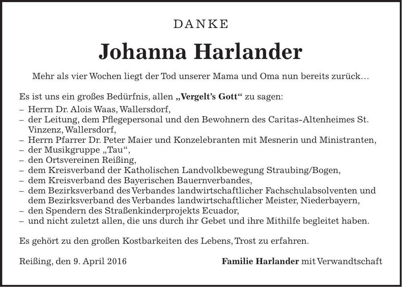 Traueranzeige Johanna Harlander