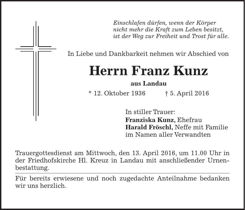 Traueranzeige Franz Kunz
