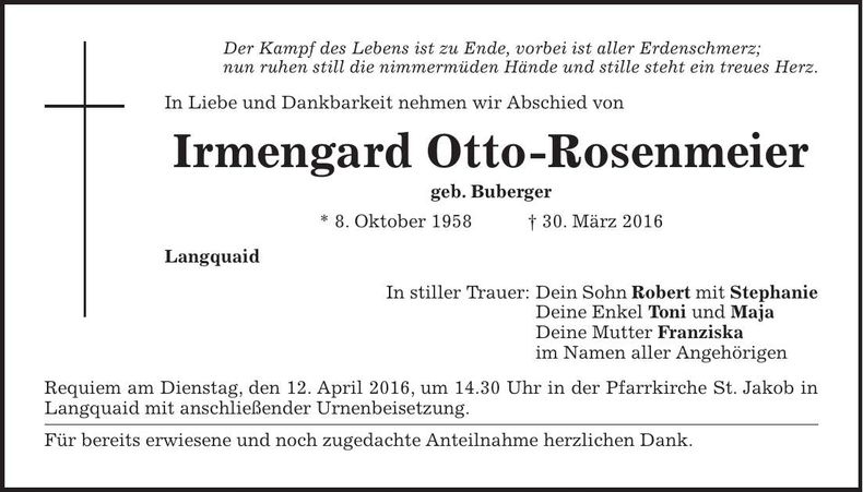 Traueranzeige Irmengard Otto-Rosenmeier