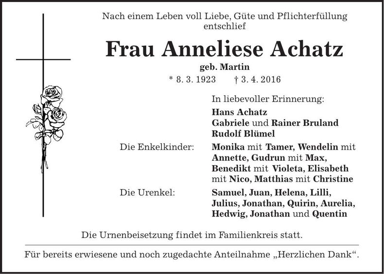 Traueranzeige Anneliese Achatz