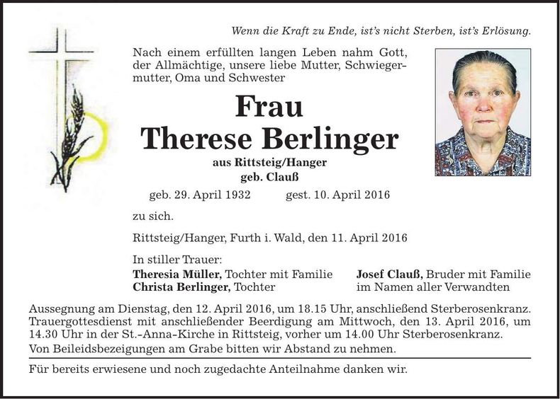 Traueranzeige Therese Berlinger