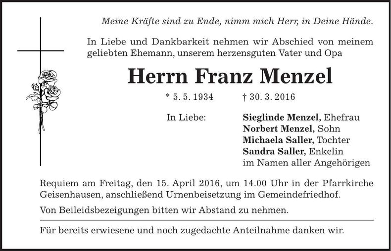 Traueranzeige Franz Menzel