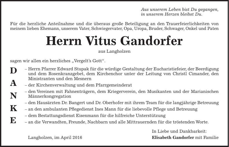 Traueranzeige Vitus Gandorfer