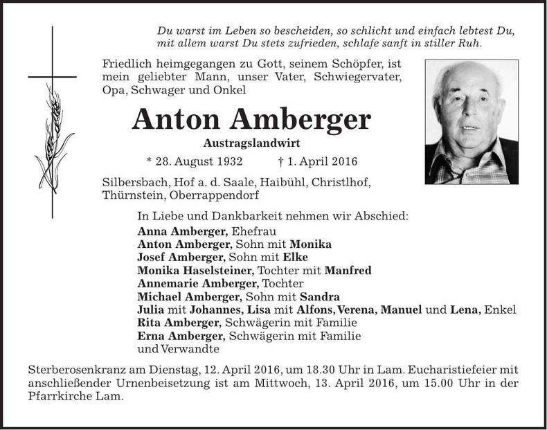 Traueranzeige Anton Amberger