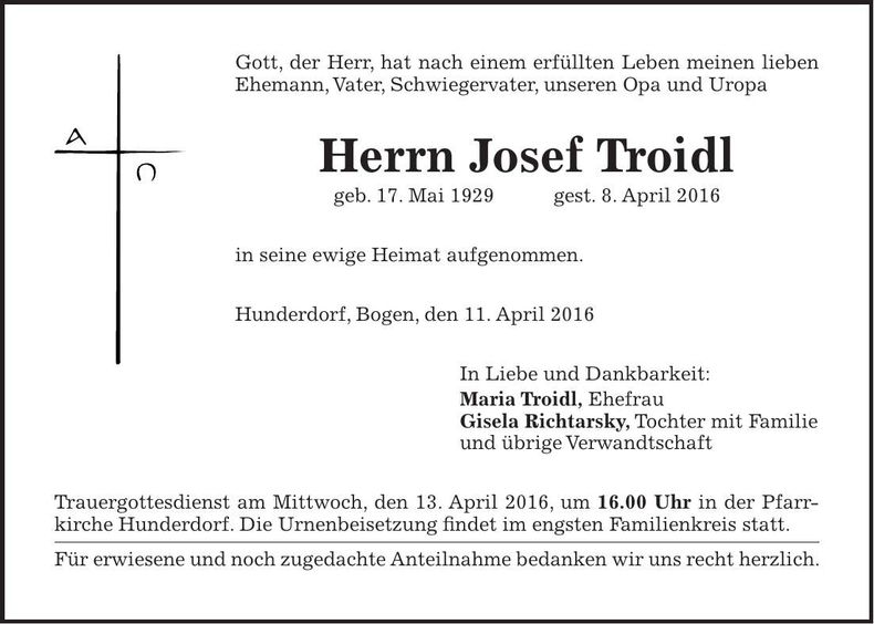 Traueranzeige Josef Troidl