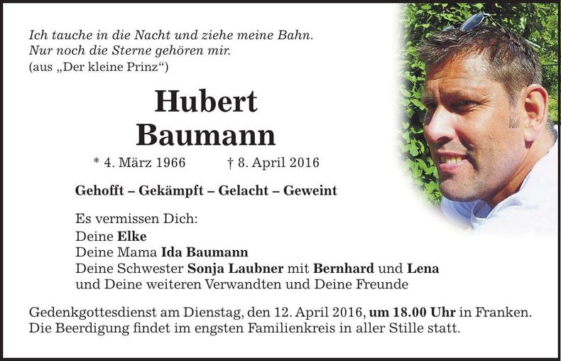 Traueranzeige Hubert Baumann