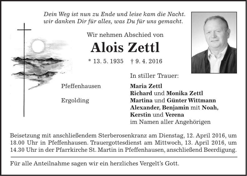 Traueranzeige Alois Zettl