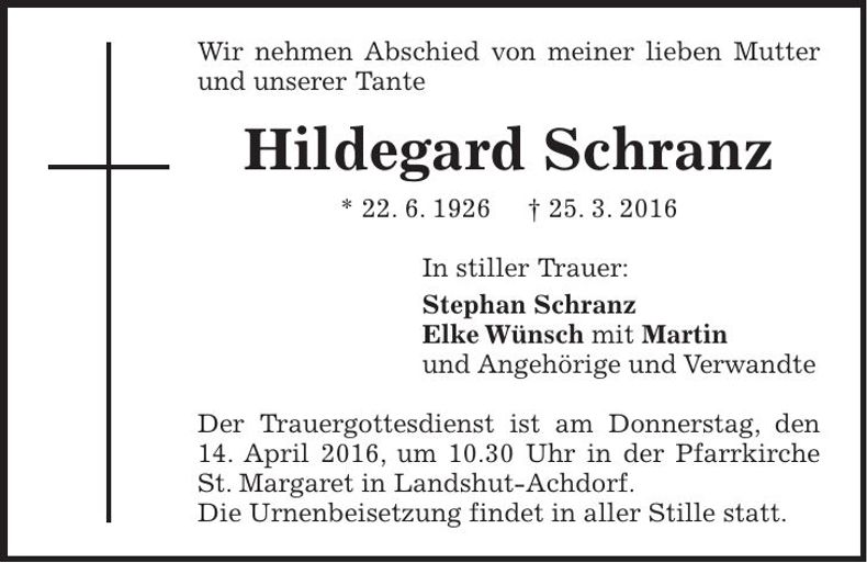Traueranzeige Hildegard Schranz