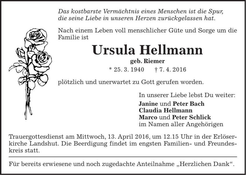 Traueranzeige Ursula Hellmann