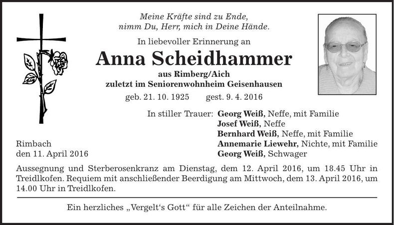 Traueranzeige Anna Scheidhammer