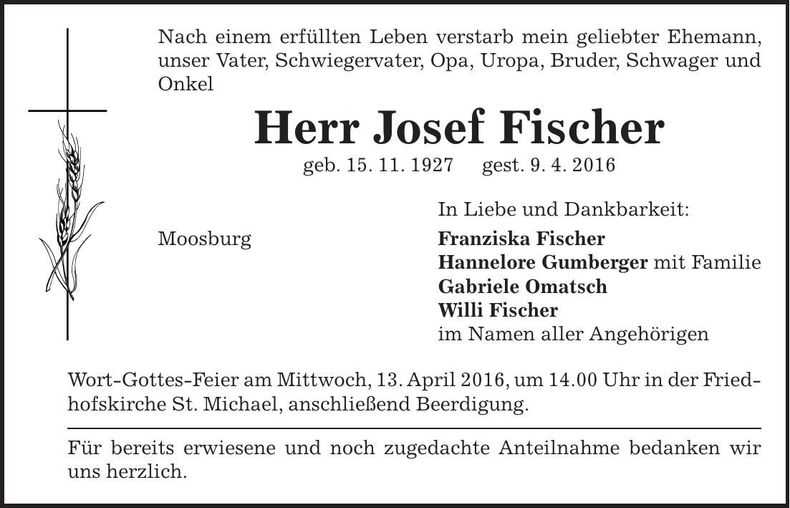 Traueranzeige Josef Fischer