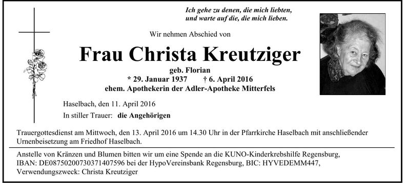 Traueranzeige Christa Kreutziger