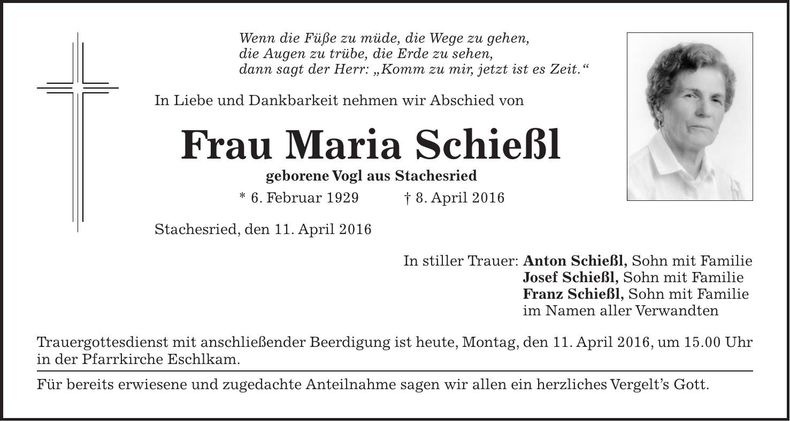 Traueranzeige Maria Schießl