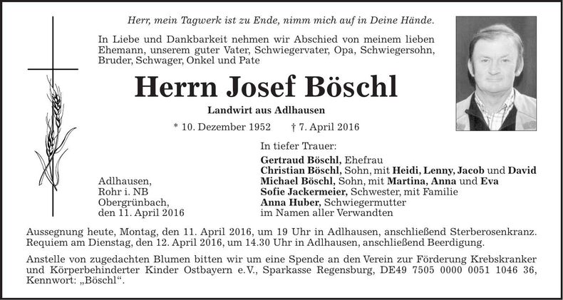 Traueranzeige Josef Böschl