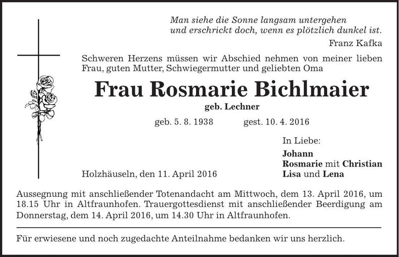 Traueranzeige Rosmarie Bichlmaier