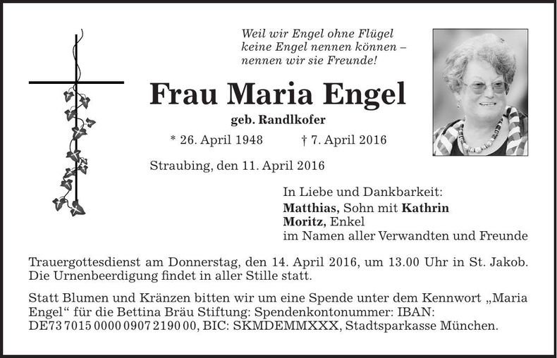 Traueranzeige Maria Engel