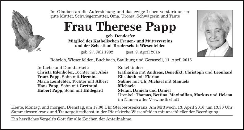 Traueranzeige Therese Papp