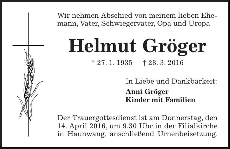 Traueranzeige Helmut Gröger
