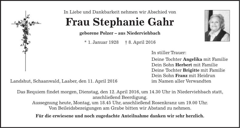 Traueranzeige Stephanie Gahr