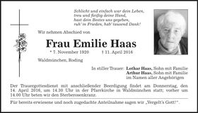 Traueranzeige Emilie Haas