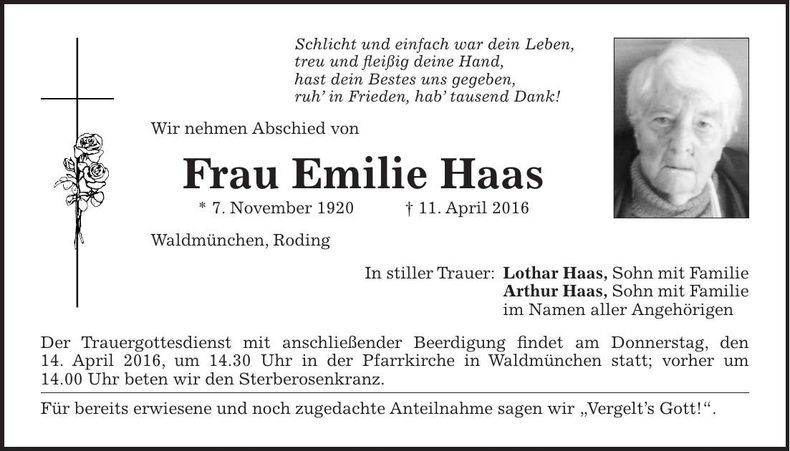 Traueranzeige Emilie Haas