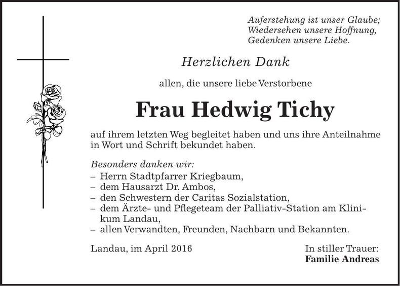 Traueranzeige Hedwig Tichy