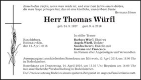 Traueranzeige Thomas Würfl