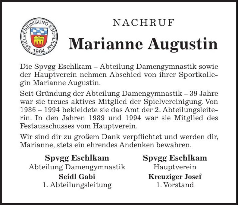 Traueranzeige Marianne Augustin